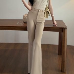 High-Waisted Khaki Flared Suit Pants for Women - Slim Fit Bell-Bottoms for Summer 2025, Professional Commuting Style