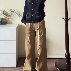 High-Waisted Khaki Straight-Leg Casual Pants for Women, Loose Wide-Leg Design, Rolled Hem, Autumn Fashion, Slimming Floor-Length Style