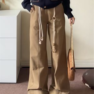 High-Waisted Khaki Straight-Leg Casual Pants for Women, Loose Wide-Leg Design, Rolled Hem, Autumn Fashion, Slimming Floor-Length Style