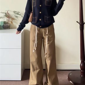 High-Waisted Khaki Straight-Leg Casual Pants for Women, Loose Wide-Leg Design, Rolled Hem, Autumn Fashion, Slimming Floor-Length Style