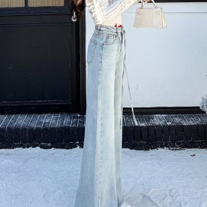 High-Waisted Light Blue Fleece-Lined Flared Jeans for Women - Slimming Loose Wide-Leg Pants for Autumn Winter 2024