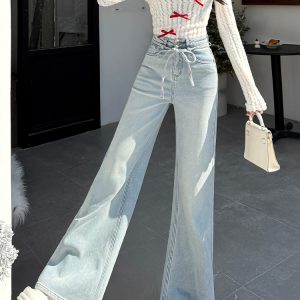 High-Waisted Light Blue Fleece-Lined Flared Jeans for Women - Slimming Loose Wide-Leg Pants for Autumn Winter 2024