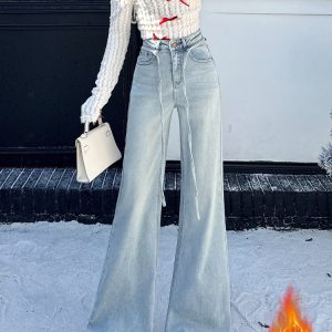 High-Waisted Light Blue Fleece-Lined Flared Jeans for Women - Slimming Loose Wide-Leg Pants for Autumn Winter 2024