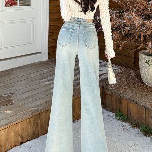 High-Waisted Light Blue Fleece-Lined Flared Jeans for Women - Slimming Loose Wide-Leg Pants for Autumn Winter 2024