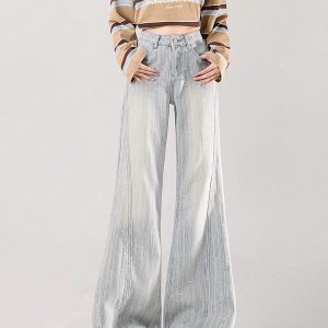 High-Waisted Light-Colored Flared Jeans for Women, Jacquard Design, Loose Fit Bell-Bottom Pants for Spring and Autumn Fashion