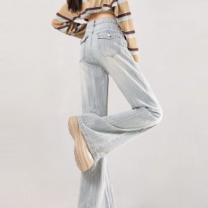 High-Waisted Light-Colored Flared Jeans for Women, Jacquard Design, Loose Fit Bell-Bottom Pants for Spring and Autumn Fashion