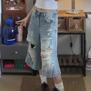High-Waisted Light Ripped Denim Shorts for Women - Loose Wide-Leg, Versatile Summer Style, Mid-Length Straight Cut