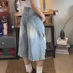High-Waisted Light Ripped Denim Shorts for Women - Loose Wide-Leg, Versatile Summer Style, Mid-Length Straight Cut