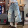 High-Waisted Light Ripped Denim Shorts for Women - Loose Wide-Leg, Versatile Summer Style, Mid-Length Straight Cut