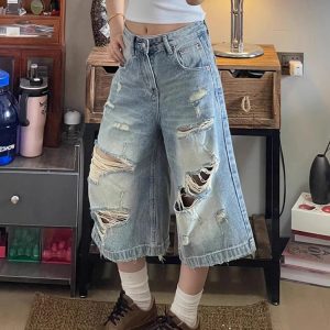 High-Waisted Light Ripped Denim Shorts for Women - Loose Wide-Leg, Versatile Summer Style, Mid-Length Straight Cut