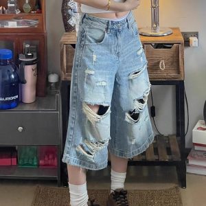 High-Waisted Light Ripped Denim Shorts for Women - Loose Wide-Leg, Versatile Summer Style, Mid-Length Straight Cut