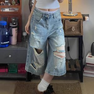 High-Waisted Light Ripped Denim Shorts for Women - Loose Wide-Leg, Versatile Summer Style, Mid-Length Straight Cut