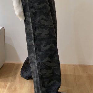 High-Waisted Loose Wide-Leg Camouflage Denim Work Pants for Women - American Retro Summer Style Slimming Casual Trousers