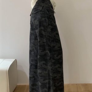 High-Waisted Loose Wide-Leg Camouflage Denim Work Pants for Women - American Retro Summer Style Slimming Casual Trousers