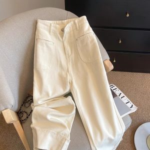 High-Waisted Minimalist Women's Summer Thin Denim Cropped Pants with Spliced Fringe - Petite Straight-Leg Style 2025
