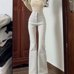 High-Waisted Off-White Slightly Flared Denim Pants for Women - Stretchy Slim-Fit Straight-Leg Summer Style