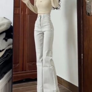 High-Waisted Off-White Slightly Flared Denim Pants for Women - Stretchy Slim-Fit Straight-Leg Summer Style