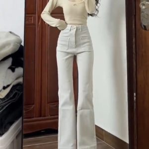 High-Waisted Off-White Slightly Flared Denim Pants for Women - Stretchy Slim-Fit Straight-Leg Summer Style