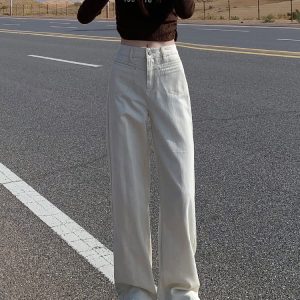 High-Waisted Off-White Wide-Leg Jeans for Women - Fleece-Lined, Loose Straight-Leg, Autumn Winter 2024 Fashion Pants