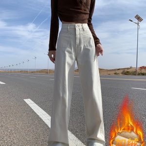 High-Waisted Off-White Wide-Leg Jeans for Women - Fleece-Lined, Loose Straight-Leg, Autumn Winter 2024 Fashion Pants