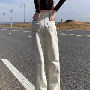 High-Waisted Off-White Wide-Leg Jeans for Women - Fleece-Lined, Loose Straight-Leg, Autumn Winter 2024 Fashion Pants