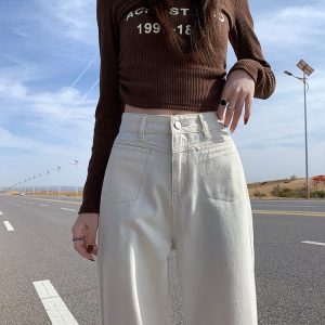 High-Waisted Off-White Wide-Leg Jeans for Women - Fleece-Lined, Loose Straight-Leg, Autumn Winter 2024 Fashion Pants
