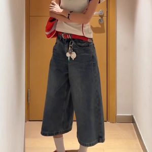 High-Waisted Patchwork Grid Denim Shorts for Women - Retro 90s Loose Wide-Leg Slim Straight Mid-Length Style
