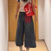 High-Waisted Patchwork Grid Denim Shorts for Women - Retro 90s Loose Wide-Leg Slim Straight Mid-Length Style