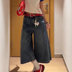 High-Waisted Patchwork Grid Denim Shorts for Women - Retro 90s Loose Wide-Leg Slim Straight Mid-Length Style