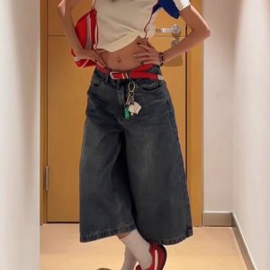 High-Waisted Patchwork Grid Denim Shorts for Women - Retro 90s Loose Wide-Leg Slim Straight Mid-Length Style