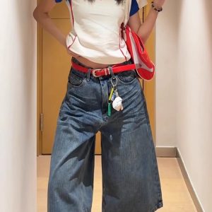 High-Waisted Patchwork Grid Denim Shorts for Women - Retro 90s Loose Wide-Leg Slim Straight Mid-Length Style