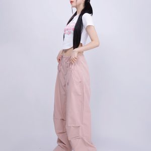 High-Waisted Pink Casual Work Pants for Summer - Thin Elastic Quick-Dry Jazz Dance Sports Trousers