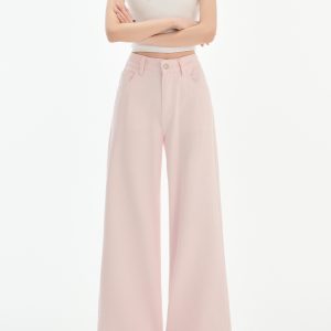 High-Waisted Pink Curved Blade Jeans for Women - Spring/Summer 2025 Slim Fit Loose Wide-Leg American Style Trousers