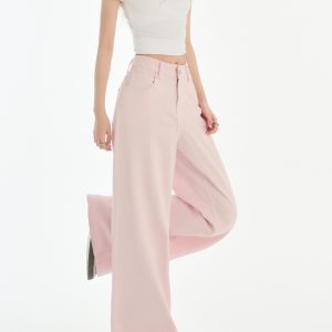 High-Waisted Pink Curved Blade Jeans for Women - Spring/Summer 2025 Slim Fit Loose Wide-Leg American Style Trousers
