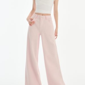 High-Waisted Pink Curved Blade Jeans for Women - Spring/Summer 2025 Slim Fit Loose Wide-Leg American Style Trousers