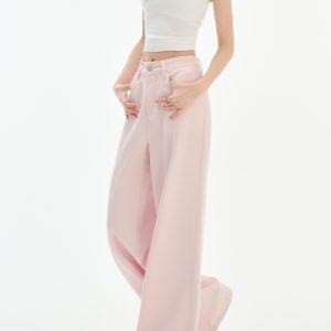 High-Waisted Pink Curved Blade Jeans for Women - Spring/Summer 2025 Slim Fit Loose Wide-Leg American Style Trousers