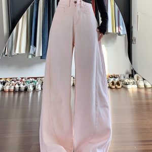 High-Waisted Pink Wide-Leg Denim Pants for Women - Summer 2025 Loose Drape Curved Blade Style for Petite Sizes