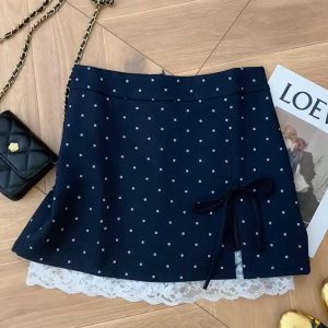 High-Waisted Polka Dot Lace Split Hem Skirt for Petite Women - Slimming A-Line Bodycon Mini with Small Bow Detail