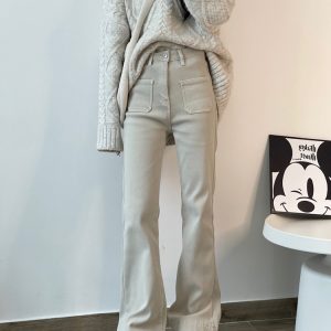 High-Waisted Retro Apricot Flared Jeans for Women - Summer Slim-Fit Straight-Leg Trousers