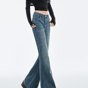 High-Waisted Retro Blue Flared Jeans for Women - 2024 Autumn Winter Slim-Fit Bell-Bottom Pants