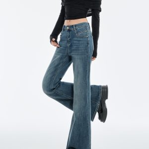 High-Waisted Retro Blue Flared Jeans for Women - 2024 Autumn Winter Slim-Fit Bell-Bottom Pants