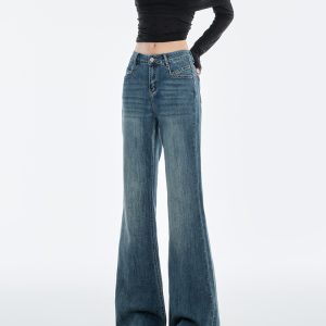 High-Waisted Retro Blue Flared Jeans for Women - 2024 Autumn Winter Slim-Fit Bell-Bottom Pants