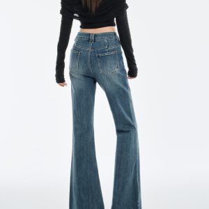 High-Waisted Retro Blue Flared Jeans for Women - 2024 Autumn Winter Slim-Fit Bell-Bottom Pants