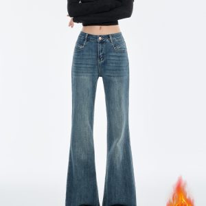 High-Waisted Retro Blue Flared Jeans for Women - 2024 Autumn Winter Slim-Fit Bell-Bottom Pants