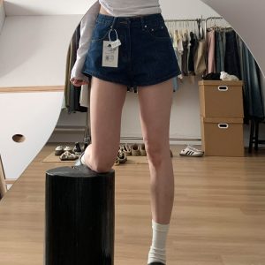 High-Waisted Retro Deep Blue Denim Shorts for Women, Loose Wide-Leg A-Line Hot Pants, Summer Style for Petite Sizes