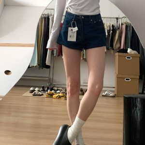 High-Waisted Retro Deep Blue Denim Shorts for Women, Loose Wide-Leg A-Line Hot Pants, Summer Style for Petite Sizes