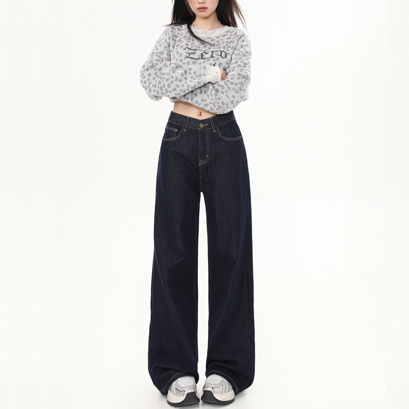 High-Waisted Retro Deep Blue Women's Jeans - Fleece Lined, Loose Wide-Leg Straight Pants for Autumn & Winter 2024