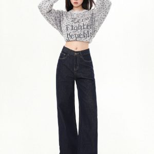 High-Waisted Retro Deep Blue Women's Jeans - Fleece Lined, Loose Wide-Leg Straight Pants for Autumn & Winter 2024