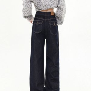 High-Waisted Retro Deep Blue Women's Jeans - Fleece Lined, Loose Wide-Leg Straight Pants for Autumn & Winter 2024