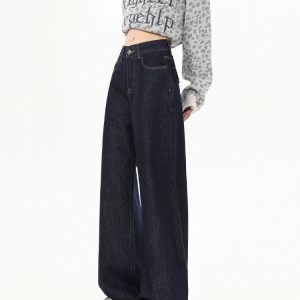 High-Waisted Retro Deep Blue Women's Jeans - Fleece Lined, Loose Wide-Leg Straight Pants for Autumn & Winter 2024